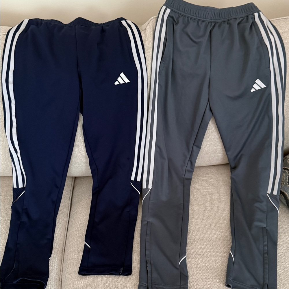 adidas Kids Two-Pack Joggers in Navy & Gray with White Stripes worn 5x